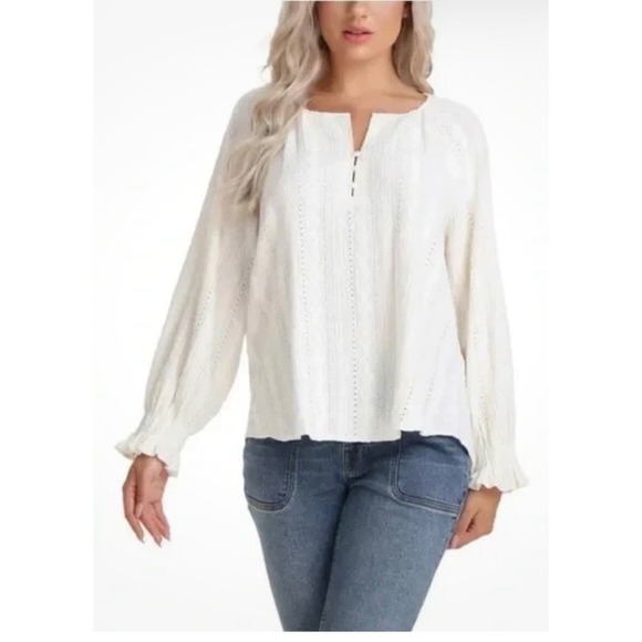 Frye Tops - FRYE Textured Eyelet Blouse Salt Breeze V Neck Cottagecore Boho Peasant XL